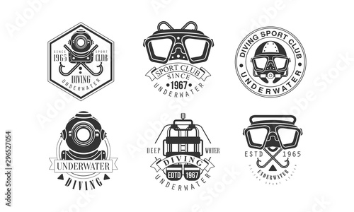 Diving Sport Club Retro Logo Templates Set, Deep Water Monochrome Badges Vector Illustration