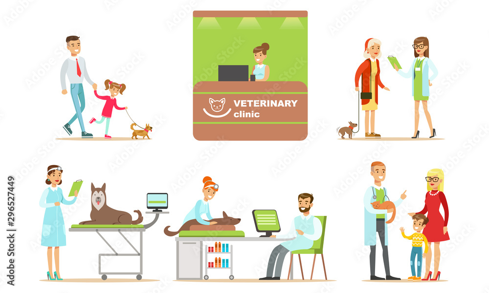 Vet Clinic Set, People Bringing their Pets for Vet Examination, Clinic Interior Elements Vector Illustration