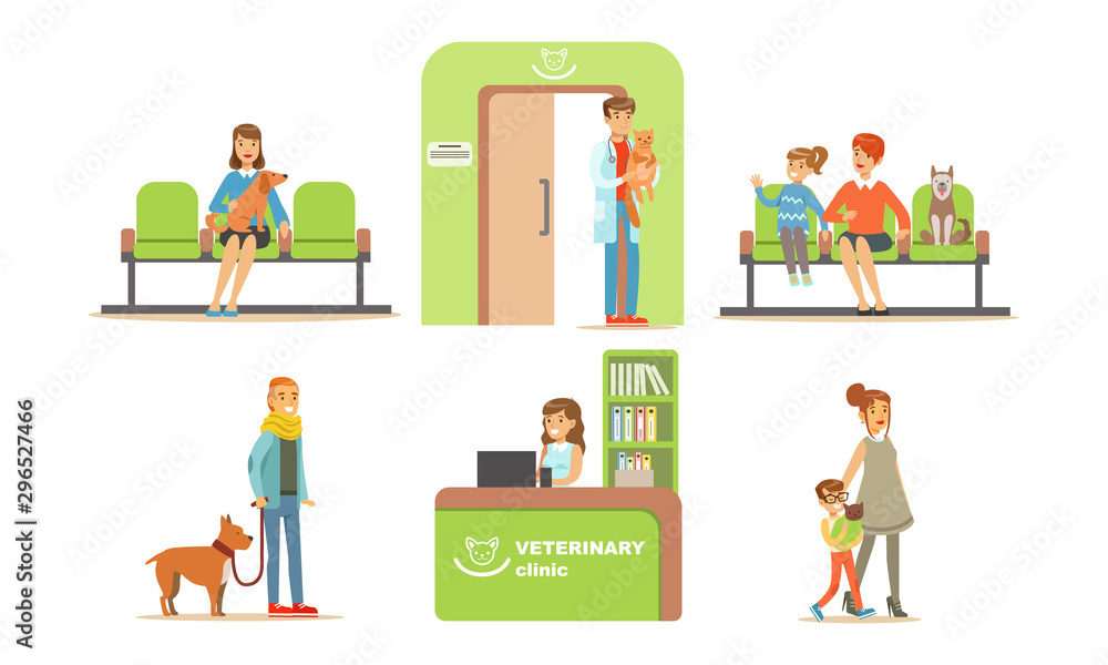 Vet Clinic Set, People Bringing their Dogs and Cats for Vet Examination, Clinic Interior Elements Vector Illustration Vet Clinic Set, People Bringing their Dogs and Cats for Vet Examination, Clinic Interior Elements Vector Illustration