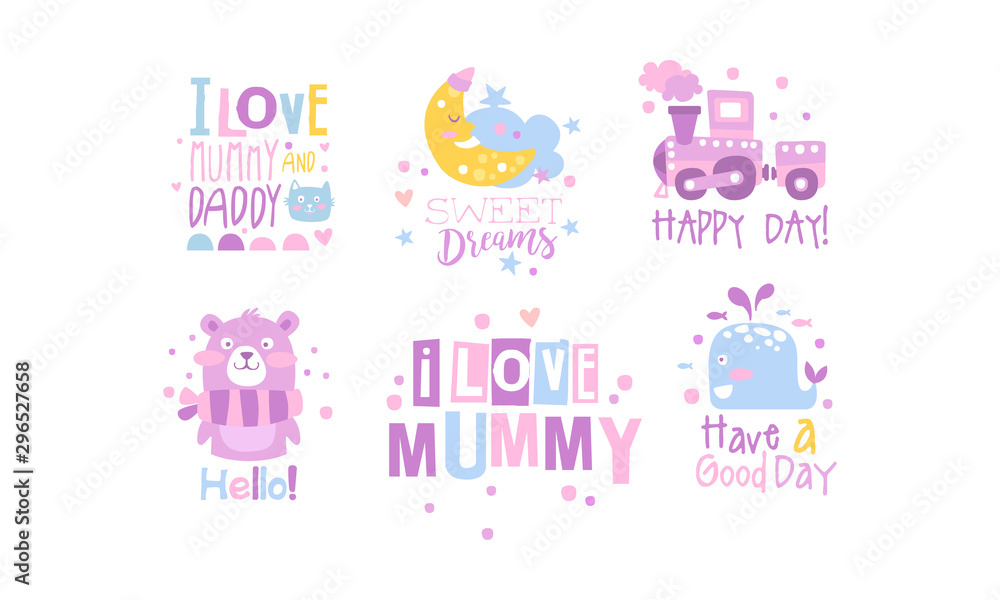 Obraz premium Baby Nursery Room Decoration Elements with Inspirational Quotes Set, Childish Prints Collection Vector Illustration