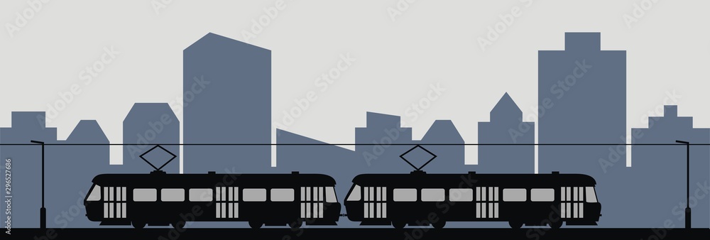 Traffic in the city, tram and city in the background, vector illustration
