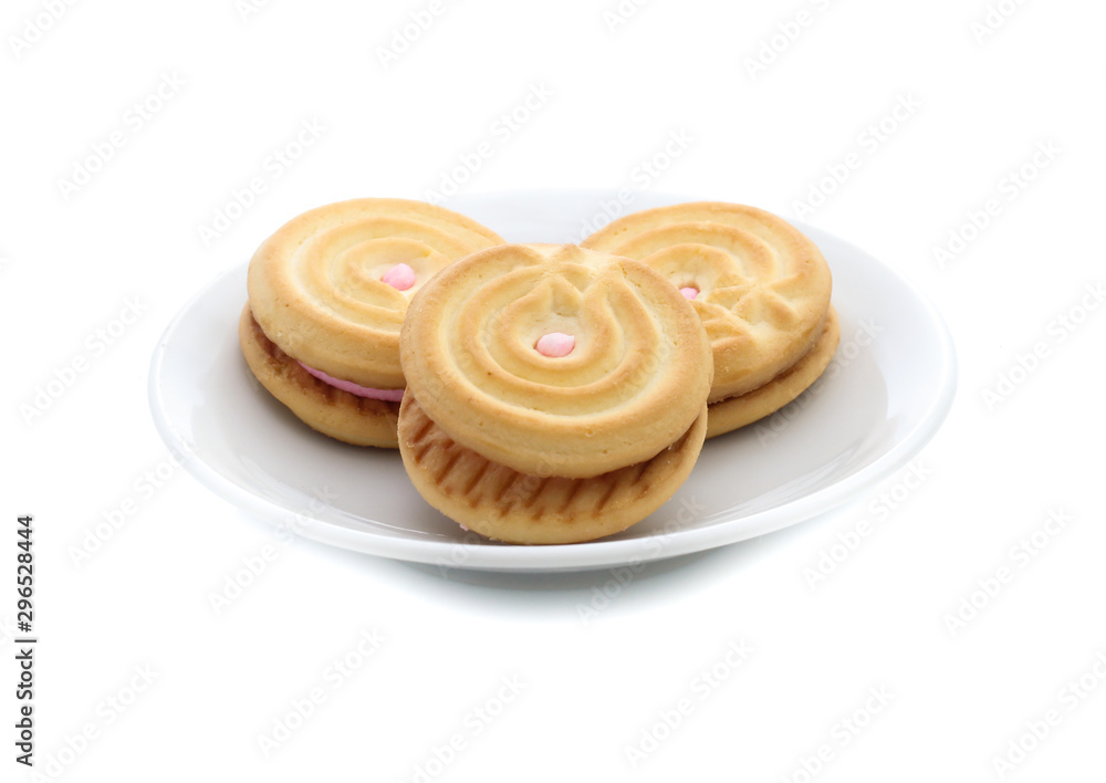 sandwich cookies with strawberry cream on white background sandwich cookies with strawberry cream on white background