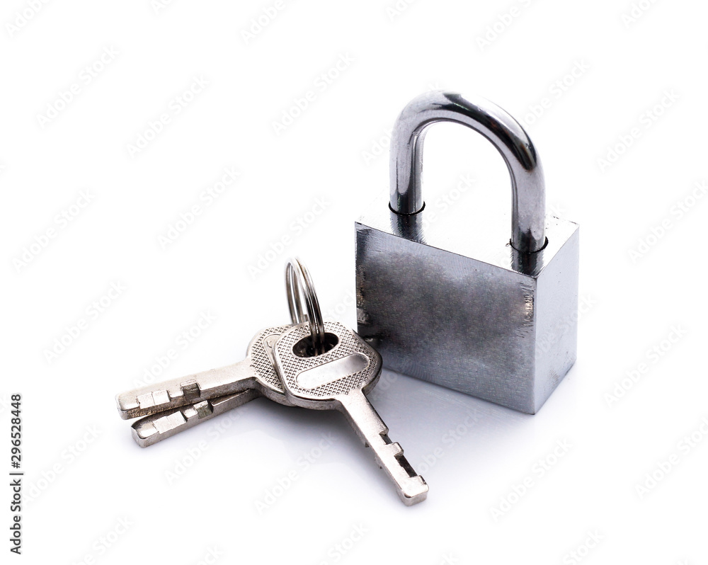 Metal padlock with keys on a ring isolated on white background Metal padlock with keys on a ring isolated on white background