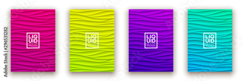Minimal fluid covers design wall panel. Halftone colorful realistic 3d relief wave design. Future liquid modern interior gypsum stucco relievo patterns. Eps10 vector background set.