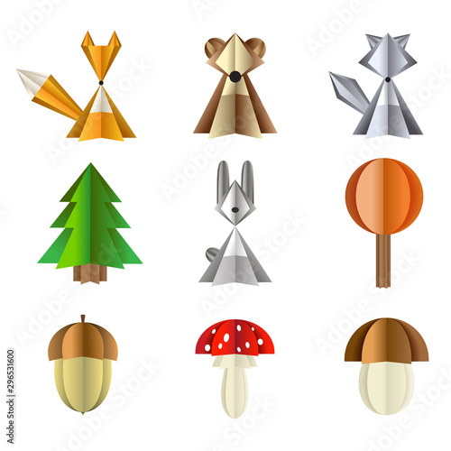 Forest wild animals and plants illustration. Vector set of isolated objects on a white background paper cut out. Icons of fox, wolf, bear and hare. Forest mushrooms Amanita and acorn
