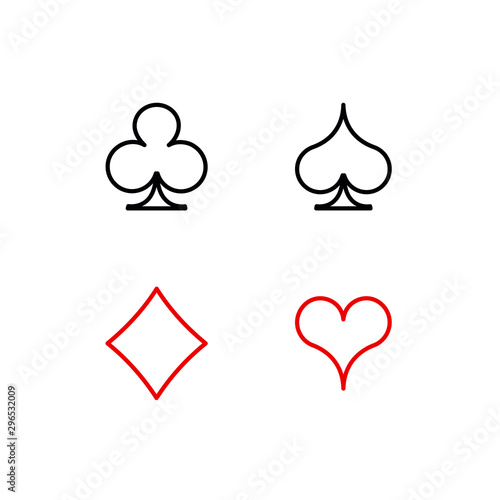Set diamonds clovers hearts spades Four Playing card suits icons template black and red color editable. High quality outline Playing card suit symbol mobile app pictogram isolated on white background