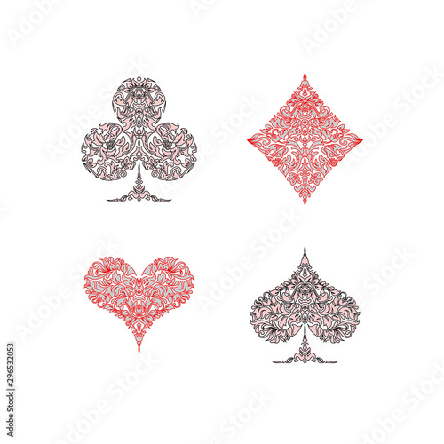 Set of 4 Playing card suits icons decoration pattern diamonds, clovers, hearts, spades template black and red. Playing card suit ornament symbol pictogram for poker casino isolated on white background