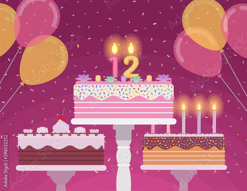 Birthday cake with number candles, cream, frosting, anniversary or special day party decoration delicious elements and balloons, perfect irresistible dessert. Vector flat style cartoon illustration