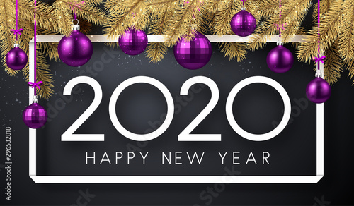 Happy New Year 2020 card with fir branches and purple Christmas balls.