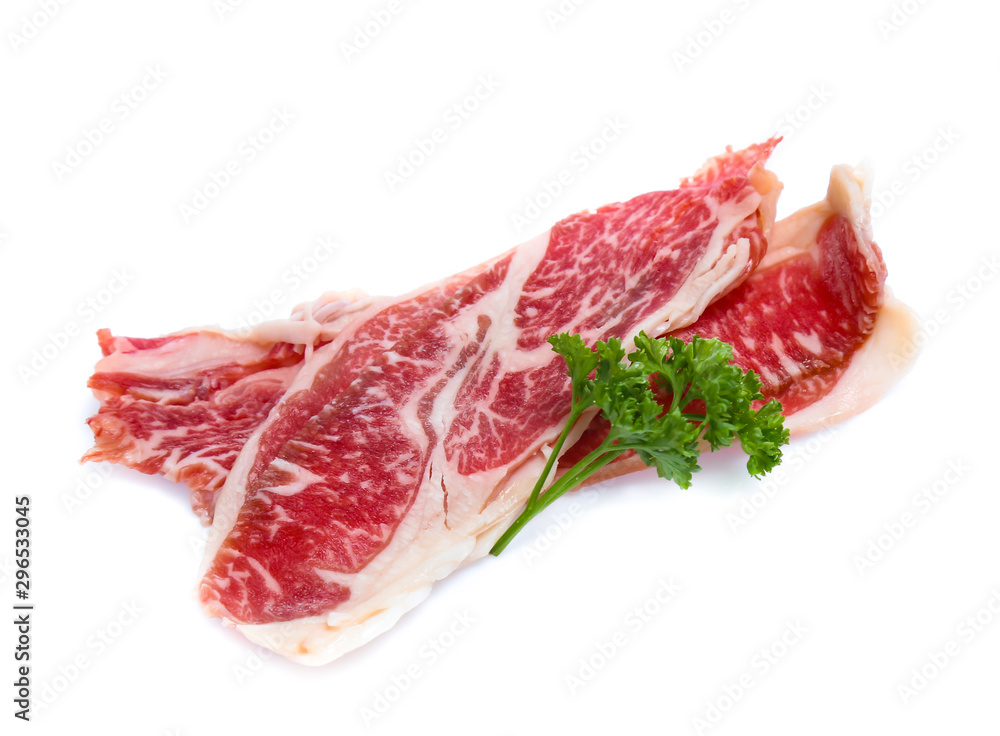 Fresh raw beef meat slices isolated over white background Fresh raw beef meat slices isolated over white background