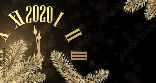 New Year 2020 shiny poster with golden clock.