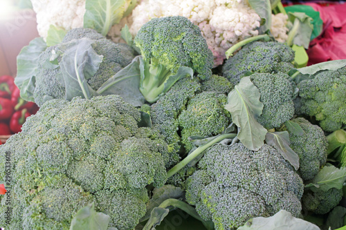 Fresh broccoli on a farmer market. Green vegetables. Broccoli pattern. 