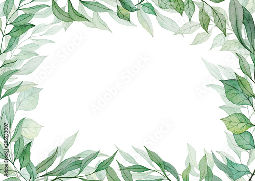 Card template with hand drawn watercolor green leaves