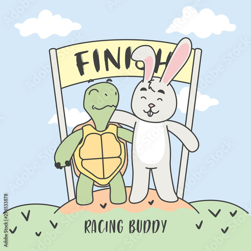 Buddy Racing. Turtle and Rabbit in finish line. Illustration.