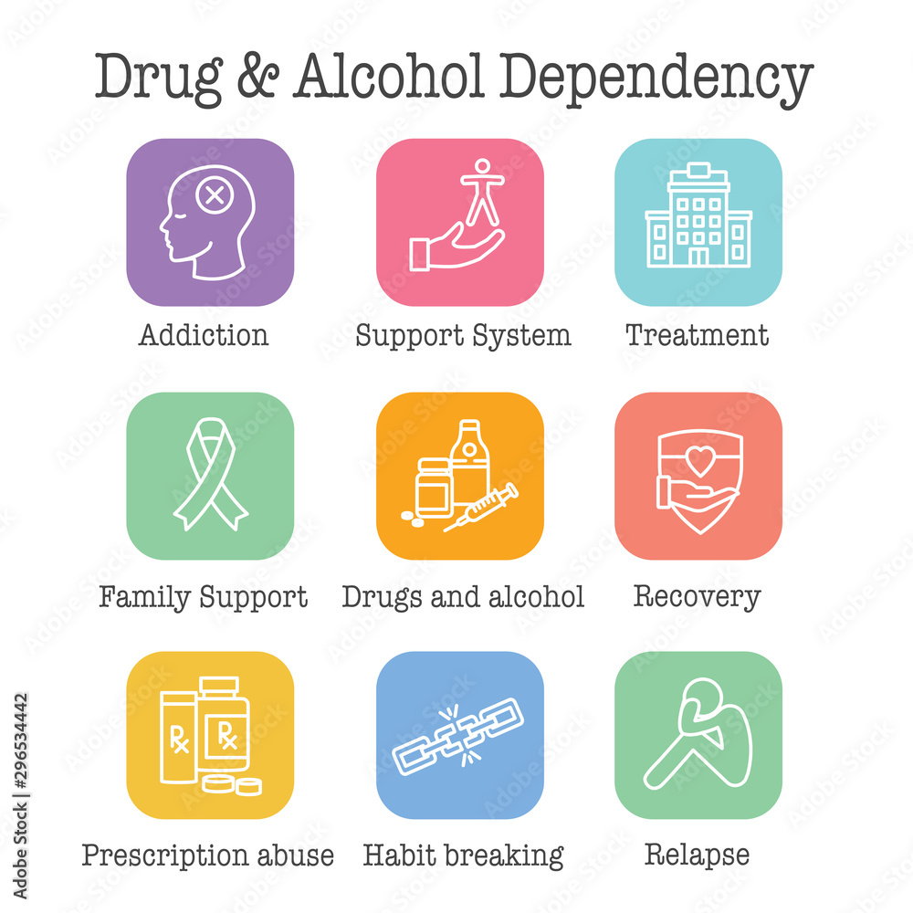 Drug & Alcohol Dependency Icon Set - support, recovery, and treatment Drug & Alcohol Dependency Icon Set - support, recovery, and treatment
