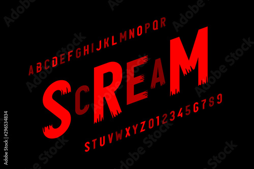 Scream font in Halloween style, alphabet letters and numbers