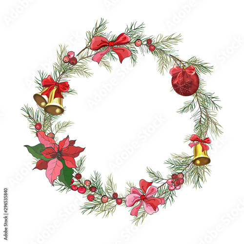 Pretty wreath with Christmas tree branches and berries  poinsettia  bows  gold bells ball on white. Round frame for festive season design  advertisement  greeting cards  invitation  posters. Vector.