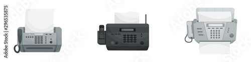 Isolated vector set of three Faxes. Office devices, printers, phones.