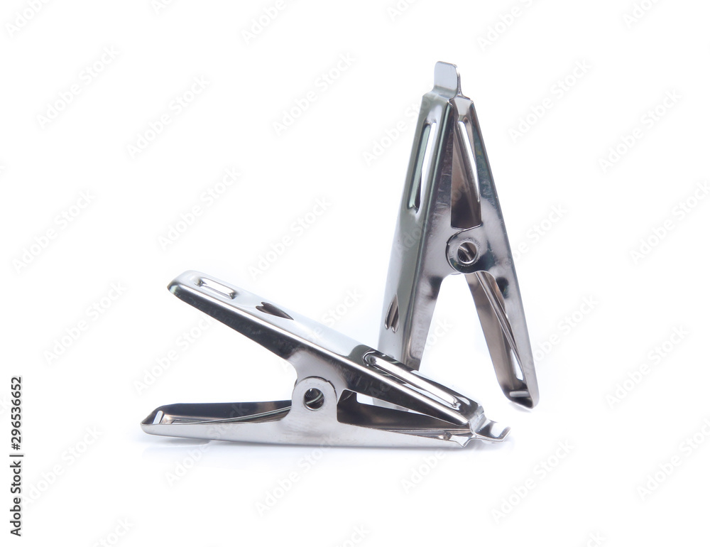 Peg steel, metal clothespin isolated on white background Peg steel, metal clothespin isolated on white background