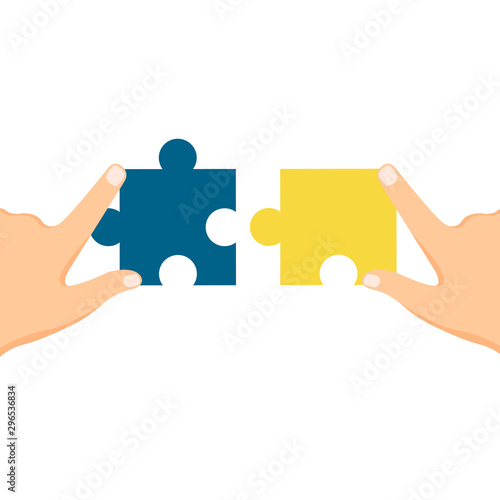 Hands holding jigsaw puzzle. Pieces of puzzle icon vector illustration