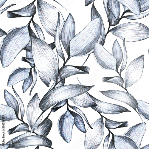 Butterfly wallpaper - Wall mural tropical leaf. hand drawing with pencil, ink. Summer botanical flower, pattern for textile decor and wallpaper design, beautiful monochrome illustration. stock graphics