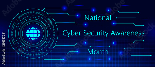 National Cyber Security Awareness Month is observed in October in USA. Hud elements, global icon, sparkles
