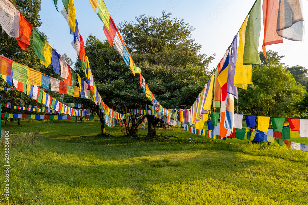 Prayer flags hanging at garden in Lumbini, Nepal