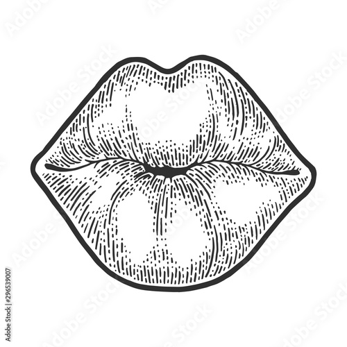 Female lips kiss sketch engraving vector illustration. T-shirt apparel print design. Scratch board style imitation. Black and white hand drawn image.