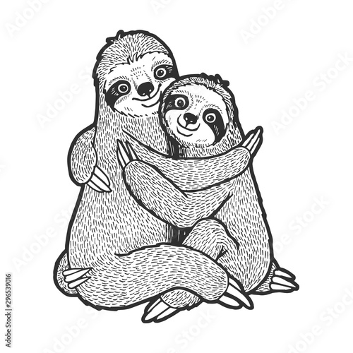 Sloth love couple hug sketch engraving vector illustration. T-shirt apparel print design. Scratch board style imitation. Black and white hand drawn image.