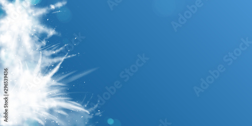 Snow powder white explosion empty banner on blue background, ice splash or snowflakes clouds left side border for christmas and new year holidays promo, greeting card. Realistic 3d vector illustration