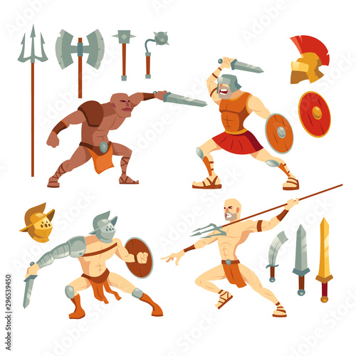 Gladiators set, ancient roman armored spartan warriors fighting on arena with sword, pitchfork and shield, greek soldiers and armor collection isolated on white background, Cartoon vector illustration