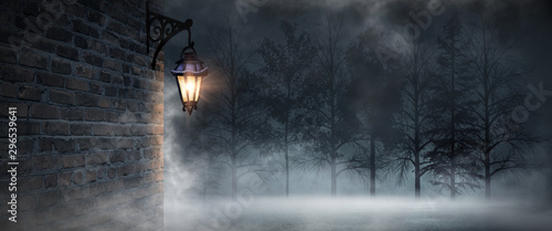 Dark street, a lantern on an old brick wall, a large moon, smoke, smog. Night scene of the old city, dark forest.