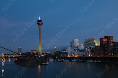 View of the center of Dusseldorf and the TV tower in night, Germany