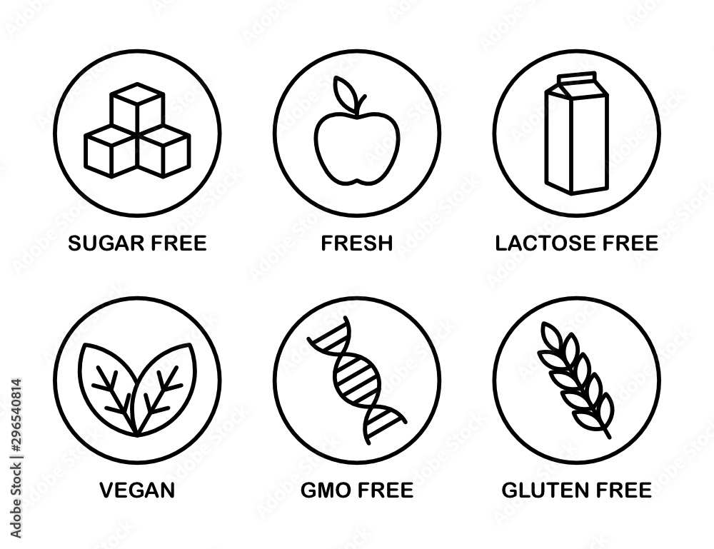 Set of icons Sugar Free, Gluten Free, Vegan, Lactose Free, GMO Free