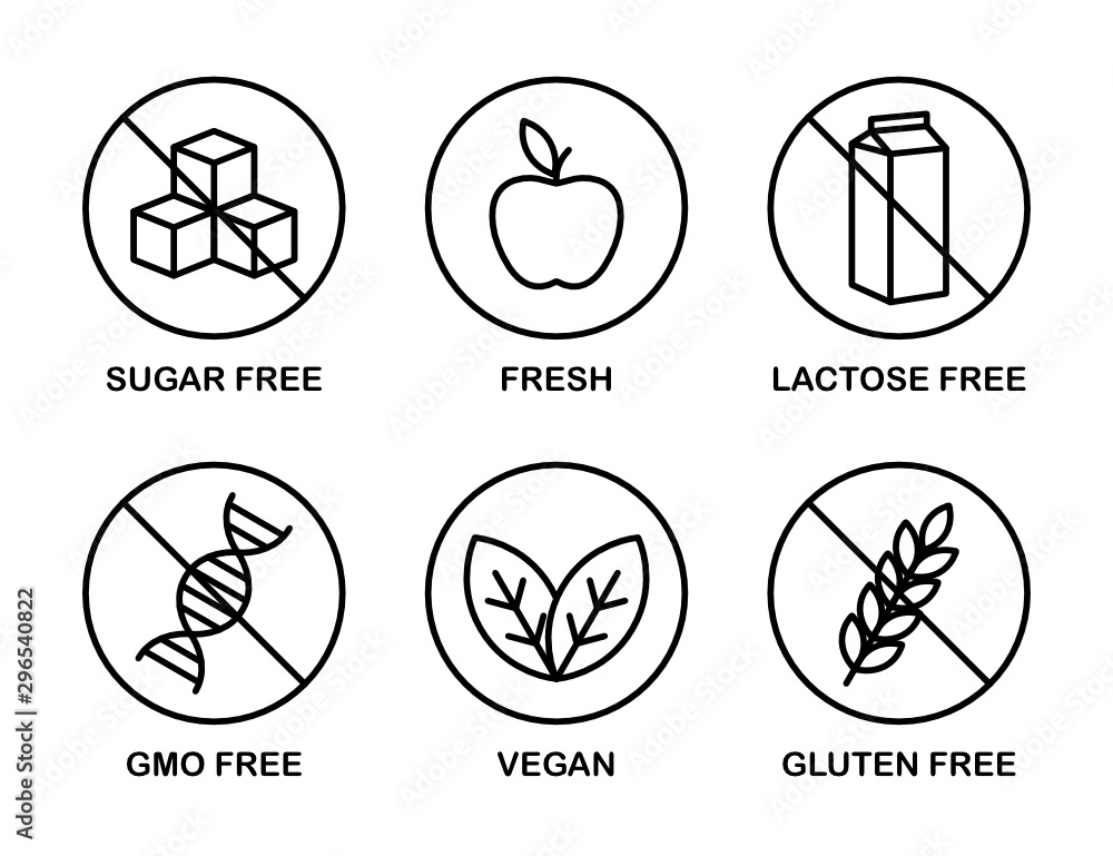 Set of icons: Sugar Free, Gluten Free, Vegan, Lactose Free, GMO Free, Fresh. - obrazy, fototapety, plakaty 