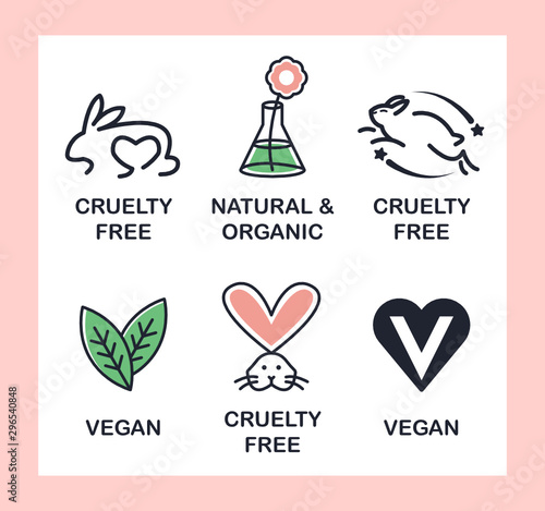 Set of 6 icons-badges: Vegan, Cruelty Free, Organic and Natural.