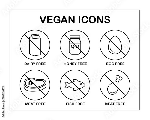 Set of 6 vector icons. Vegan: dairy/honey/egg/meat/fish free.  