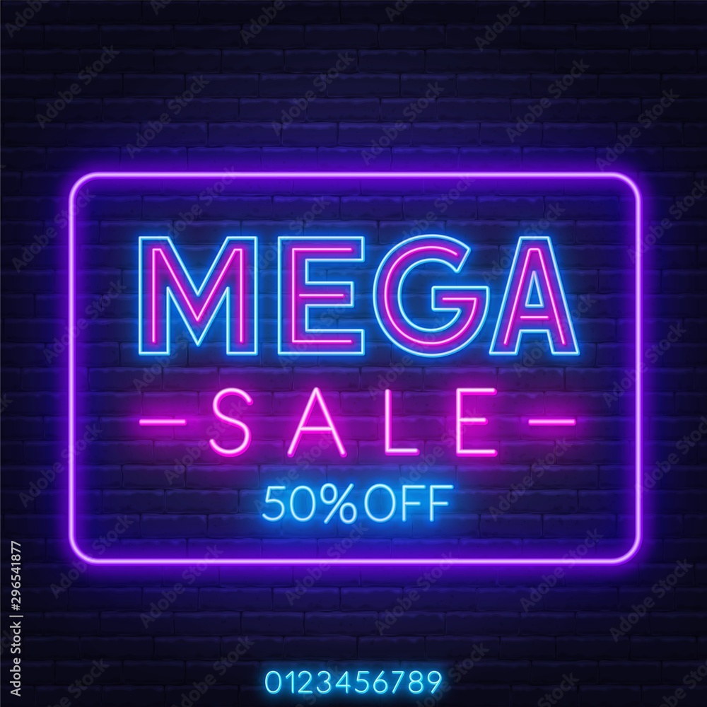 Mega sale neon sign on dark background. Discount template. - obrazy, fototapety, plakaty 