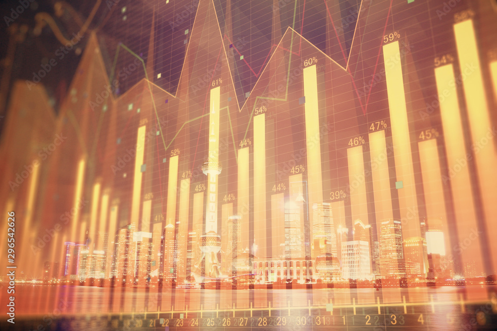 Financial graph on night city scape with tall buildings background multi exposure. Analysis concept. Financial graph on night city scape with tall buildings background multi exposure. Analysis concept.