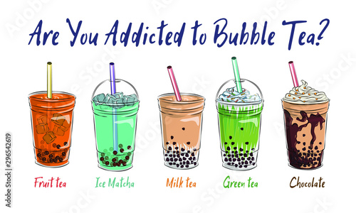 Bubble tea cup design collection, Yummy drinks, soft drinks with doodle style banner, Bubble milk tea ads with delicious tapioca and pearl, bubble tea menu graphic template