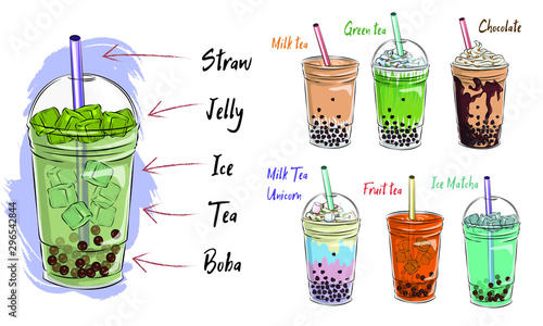 Bubble tea cup design collection, Yummy drinks, soft drinks with doodle style banner, Bubble milk tea ads with delicious tapioca and pearl, bubble tea menu graphic template