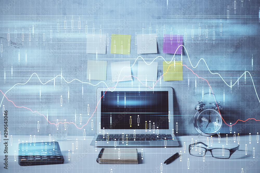 Double exposure of forex graph and work space with computer. Concept of international online trading. Double exposure of forex graph and work space with computer. Concept of international online trading.