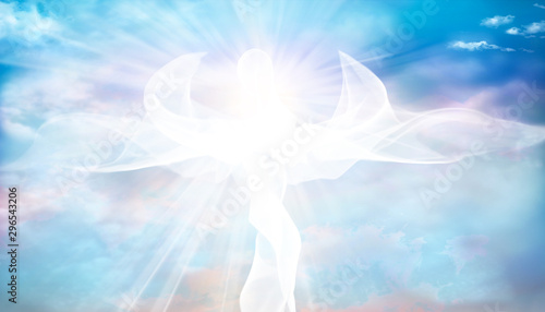 Web banner. Archangel. Heavenly angelic spirit with wings. Illustration abstract white angel. Belief. Afterlife. Spiritual Angel. Blessing. Sky clouds with bright light rays. Heaven. Faith