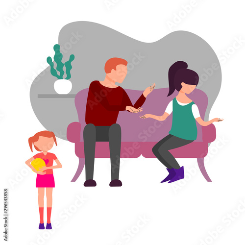 Caucasian couple of man and woman quarrel sitting on sofa. Little baby girl is witnessing father and mother fight and have angty conversation. Flat style stock vector illustration