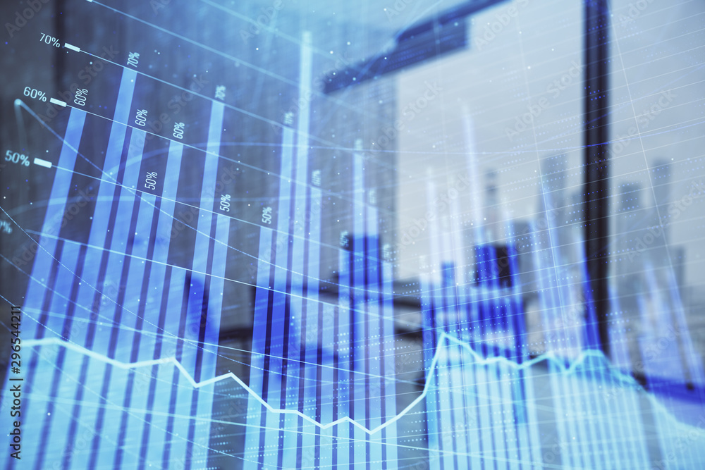 Business theme graph hologram with minimalistic cabinet interior background. Double exposure. Stock market concept. Business theme graph hologram with minimalistic cabinet interior background. Double exposure. Stock market concept.
