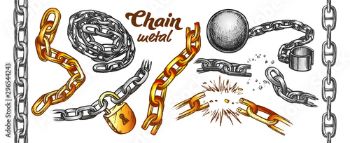 Iron Chain Color Set Vector. Assortment Of Heavy Metallic Chain. Steel Tool With Ball And Padlock Engraving Concept Template Hand Drawn In Vintage Style Color Illustrations