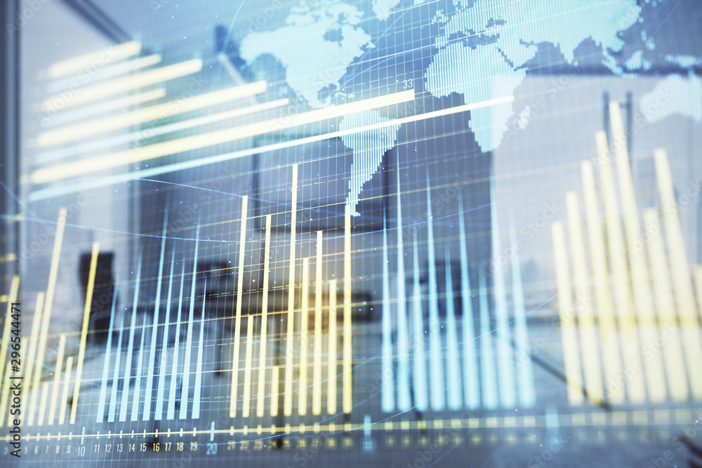 Forex chart hologram with map and minimalistic cabinet interior background. Double exposure. International business concept. Forex chart hologram with map and minimalistic cabinet interior background. Double exposure. International business concept.