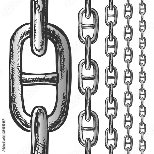 Chain And Links Seamless Pattern In Different Scale Ink Set Vector. Classic Heavy Metal Chain. Linked Rings Elements Engraving Concept Layout Hand Drawn In Vintage Style Black And White Illustrations