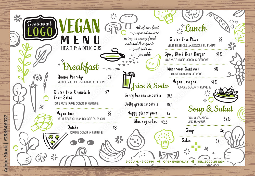 Green organic food, Vegan restaurant menu, board or place mat vector template. Vegetables doodle background. - obrazy, fototapety, plakaty 