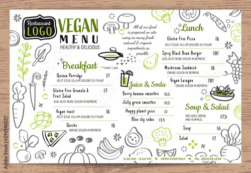 Green organic food, Vegan restaurant menu, board or place mat vector template. Vegetables doodle background.